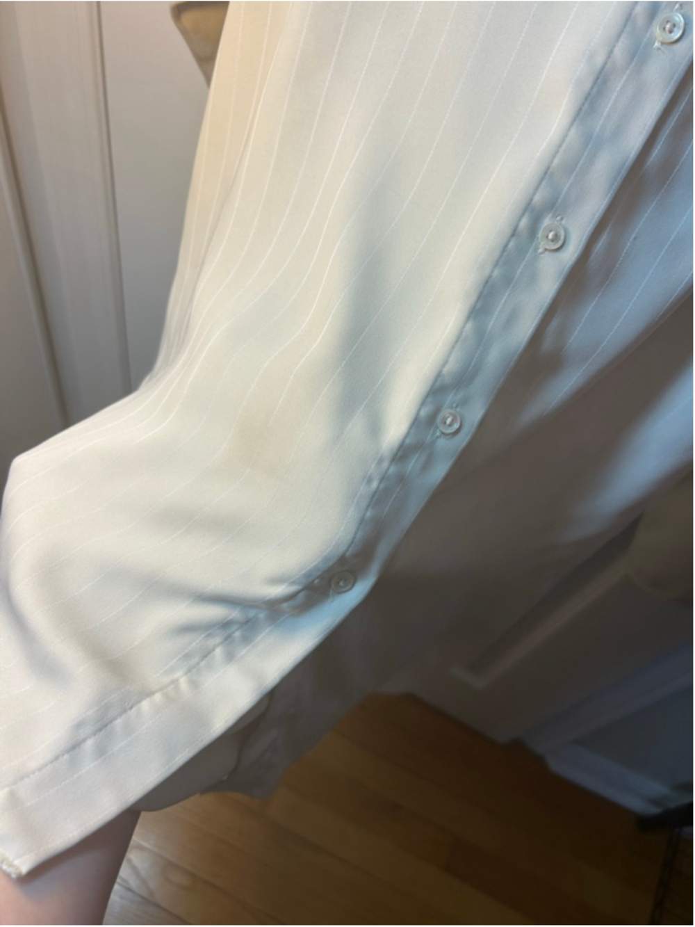 Babaton Pinstripe Button Shirt Elegant Beige Women's Top size Large Career Flaw* - Picture 6 of 7